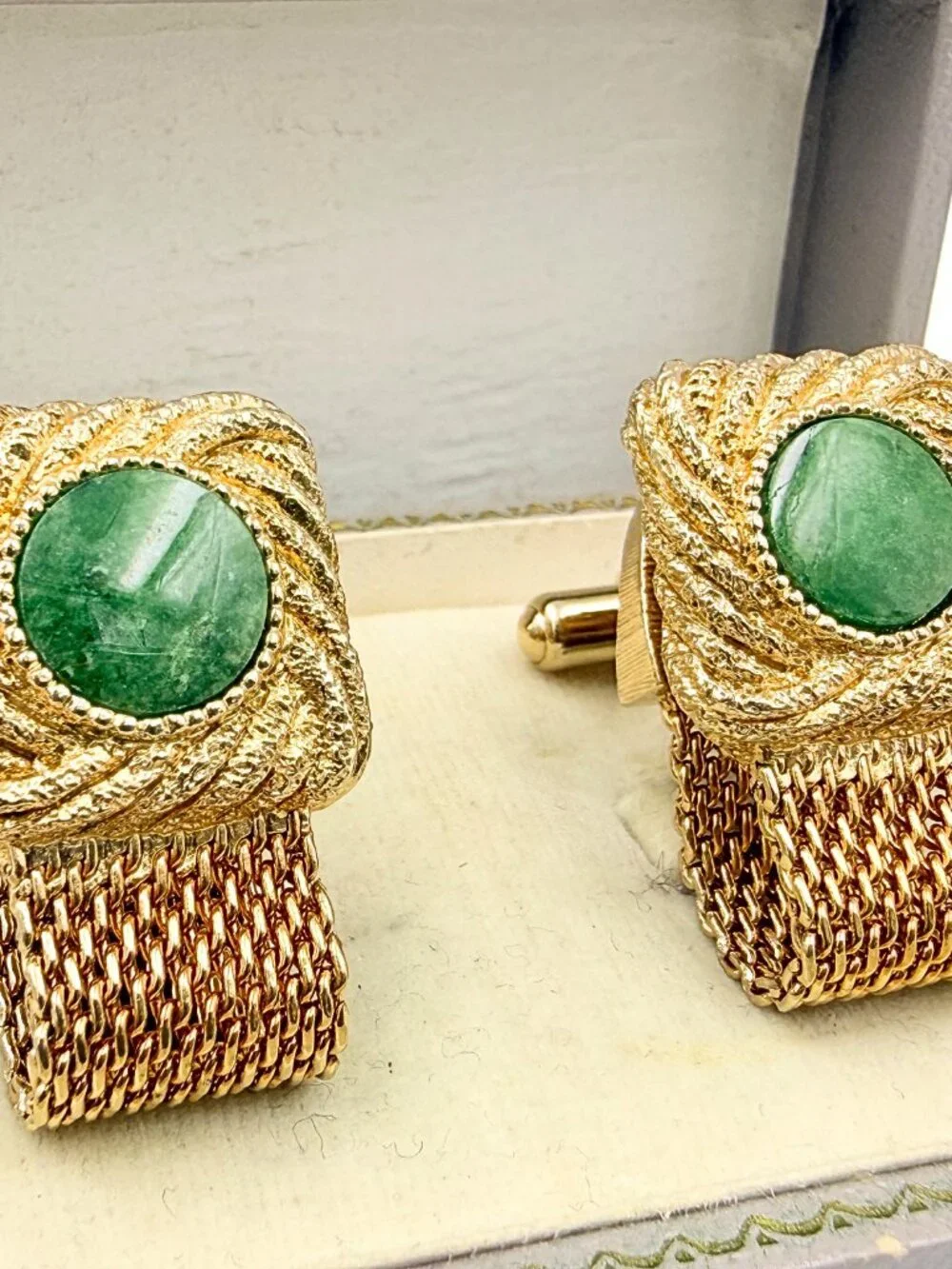 Distinguished MCM Textured Gold Plated Mesh Nephrite Jade Cufflinks
